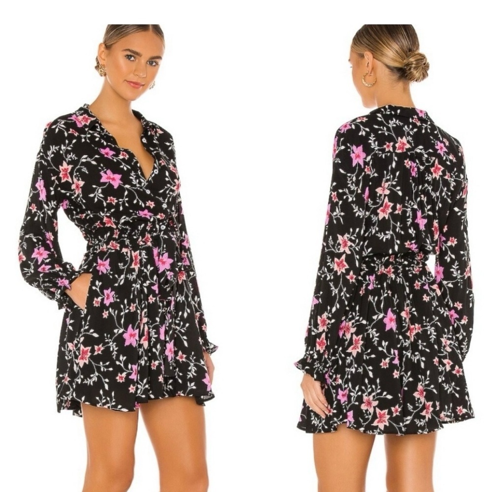Free People Black and Pink Floral Long Sleeve Dress